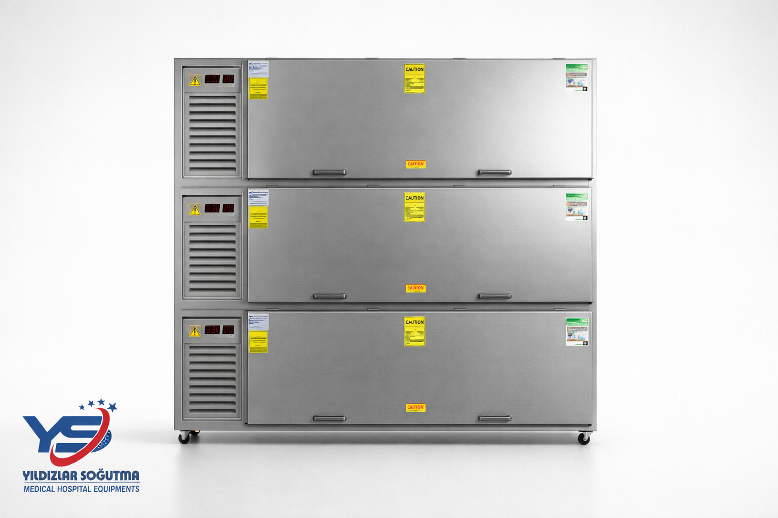 Yandan yüklemeli 3 üniteli morg ünitesi Üçlü morg dolabı yan yüklemeli sistem