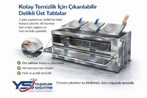 Yıkamalı morg ünitesi, hijyen ve dayanıklılığı ön planda tutan profesyonel bir morg çözümüdür. Paslanmaz çelik yapısı sayesinde uzun yıllar sorunsuz kullanım sunar. Entegre su tahliye sistemi ve kolay temizlenebilir yüzeyi ile cenaze yıkama işlemlerinde maksimum hijyen sağlar. Hastaneler, belediyeler ve mezarlıklar için güvenilir ve ergonomik bir tercihtir.