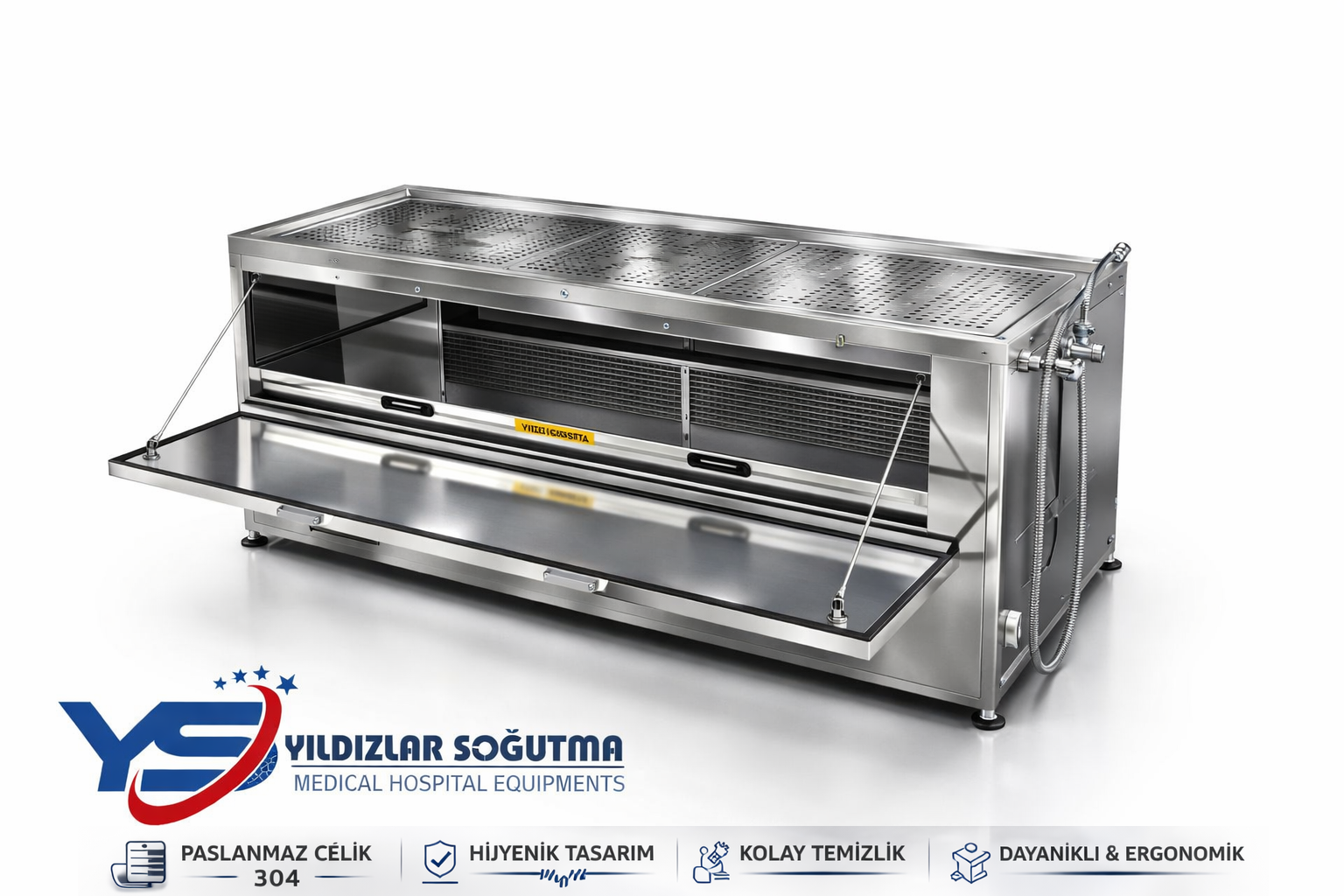 Yıkamalı Morg Ünitesi (Üst Yıkama + Alt Soğutmalı Morg) – 304 Paslanmaz Çelik Morglu Yıkama Masası | Yıkamalı Morg Sistemi | Yıldızlar Soğutma