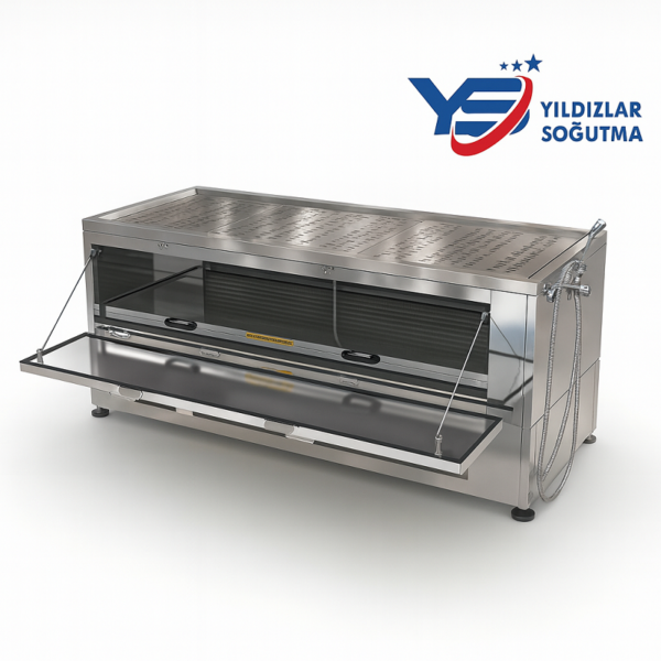 Üstü yıkamalı altı morg ünitesi; ızgaralı ferforje cenaze yıkama alanı, sıcak–soğuk batarya ve taşma yapmayan drenaj sistemiyle modern gasilhane çözümü. Yıldızlar Soğutma kalite, güven, zamanında teslimat.