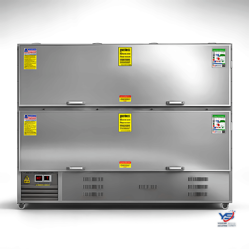 “Çelik konstrüksiyon 2 üniteli tek motorlu yandan yüklemeli morg sistemi – teleskopik konveyörlü”