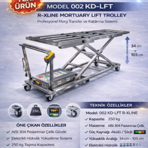 R-XLINE şarjlı elektrikli cenaze kaldırma lifti – 250 kg kapasiteli, paslanmaz çelik morg taşıma ve cenaze transfer sistemi.