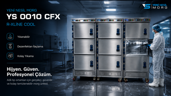 Yeni Nesil Morg YS 0010 CFX R-XLINE Cool, adli tıp ve hastane ortamları için yıkanabilir, dezenfektan uygulamasına uygun, paslanmaz çelik profesyonel morg ünitesi.